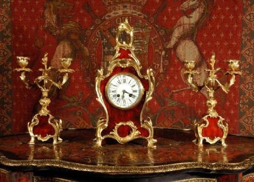 fig 1. ***** SOLD ***** Rococo Red Veneer and Ormolu Clock Set by Japy Freres French - Circa 1880 